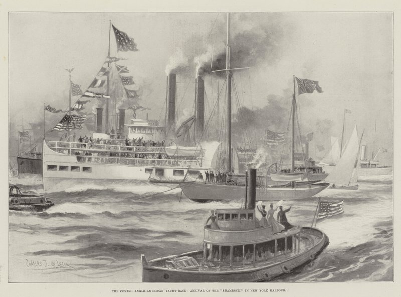 La prossima gara di yacht anglo-americana, arrivo dello Shamrock nel porto di New York da Charles John de Lacy