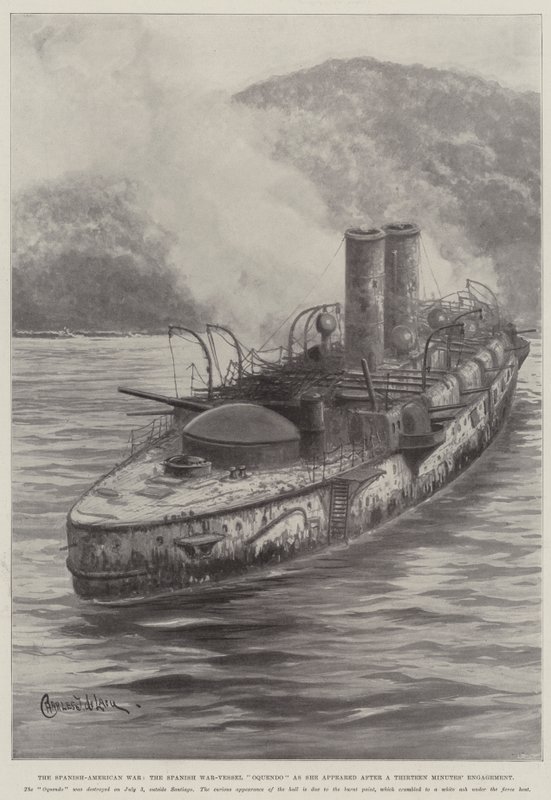 La guerra ispano-americana, la nave da guerra spagnola Oquendo come appariva dopo un ingaggio di tredici minuti da Charles John de Lacy