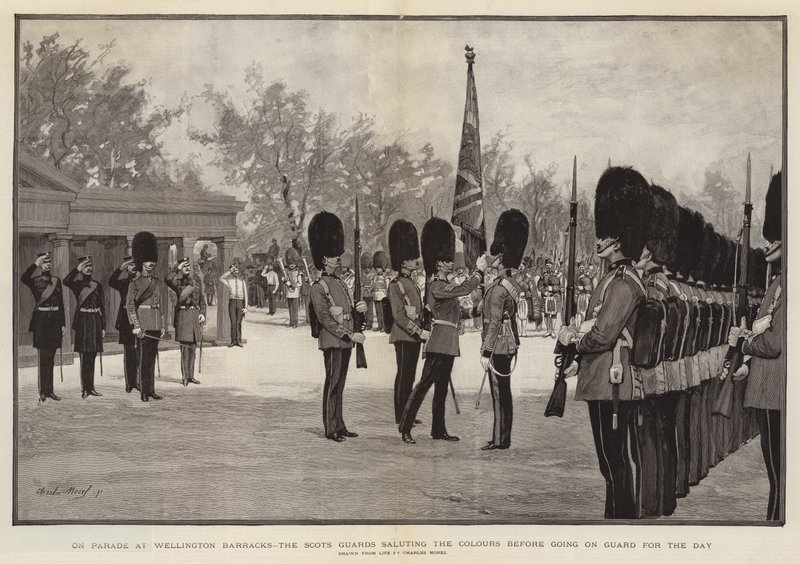 In parata al Wellington Barracks, le Guardie Scozzesi salutano i Colori prima di andare di guardia per il giorno da Charles Morel