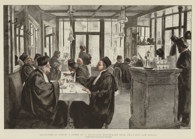Avvocati a pranzo, una scena in un ristorante preferito vicino ai tribunali di Parigi (cromolitografia) da Charles Paul Renouard