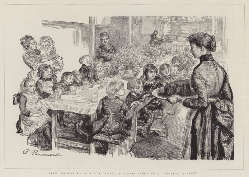 Pranzi gratuiti per bambini poveri, il tavolo da pranzo a St Philip