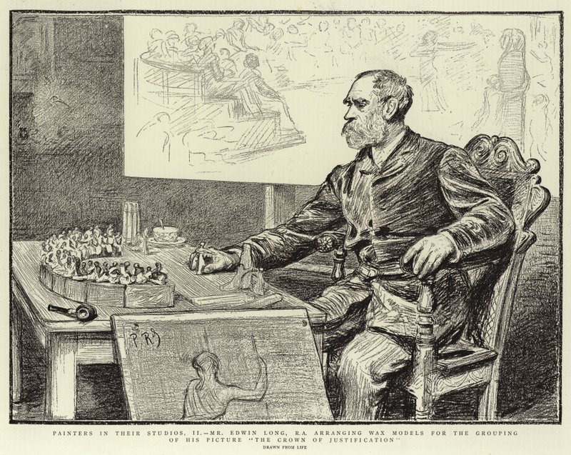 Pittori nei loro studi, II, Mr Edwin Long, R A, che dispone modelli di cera per il raggruppamento del suo quadro La Corona della Giustificazione da Charles Paul Renouard