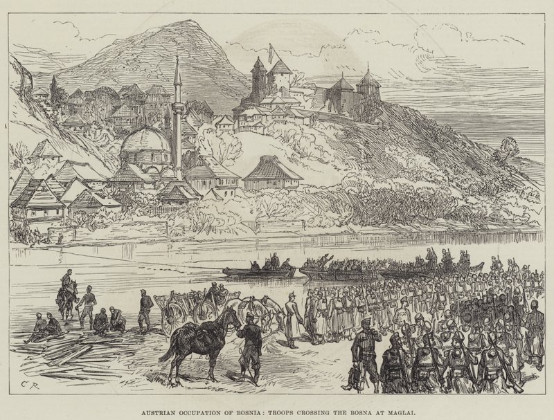 Occupazione austriaca della Bosnia, truppe che attraversano la Bosna a Maglai da Sir John Charles Robinson