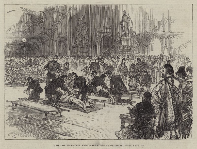 Esercitazione del Corpo Volontario di Ambulanza alla Guildhall da Sir John Charles Robinson