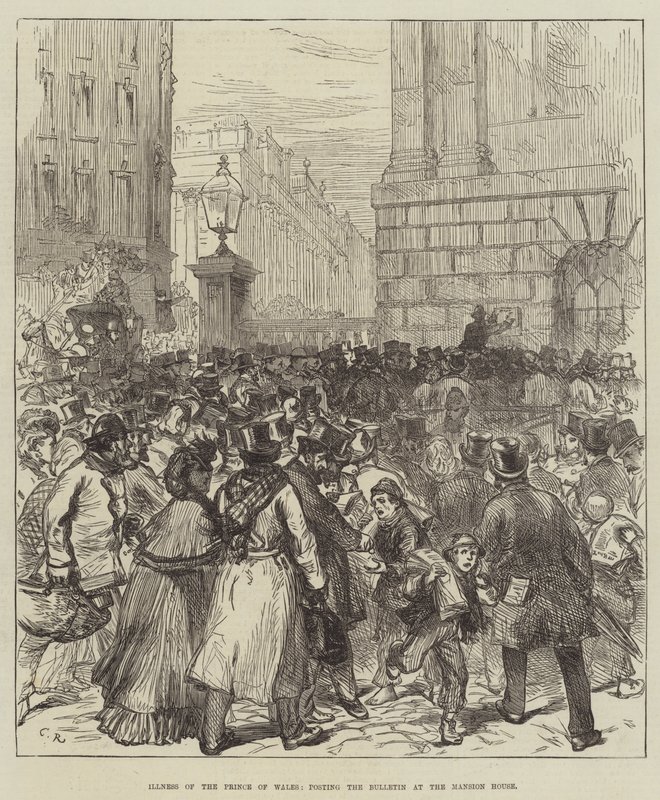 Malattia del Principe di Galles, affissione del bollettino alla Mansion House da Sir John Charles Robinson