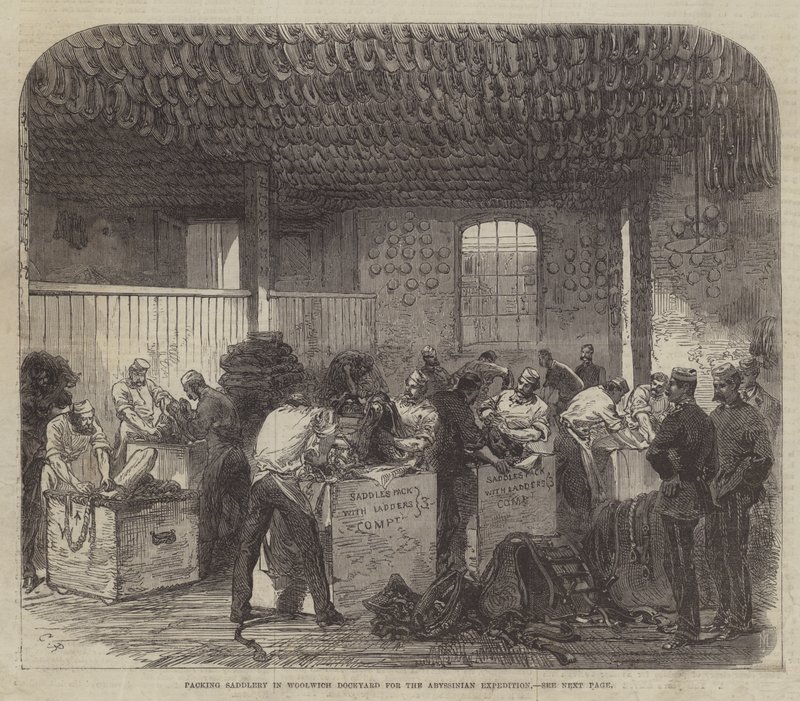 Imballaggio di selleria nel cantiere navale di Woolwich per la spedizione abissina da Sir John Charles Robinson