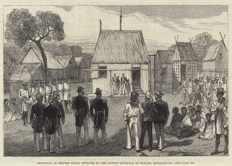 Ricevimento degli ufficiali navali britannici da parte del governatore nativo di Mohabo, Madagascar da Sir John Charles Robinson