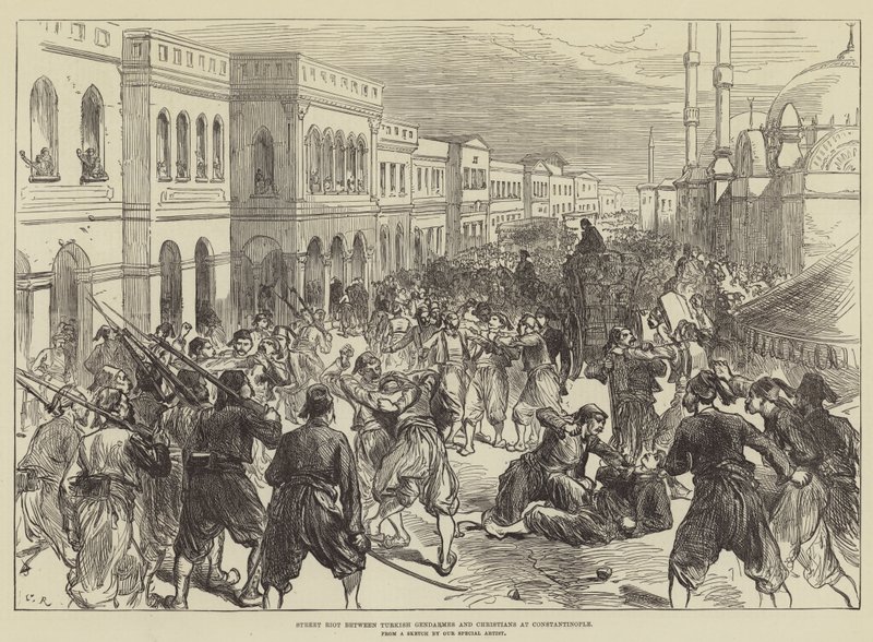 Rivolta di strada tra gendarmi turchi e cristiani a Costantinopoli da Sir John Charles Robinson