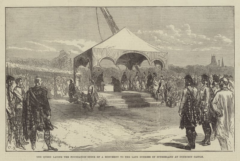 La Regina che posa la prima pietra di un monumento alla defunta Duchessa di Sutherland al Castello di Dunrobin da Sir John Charles Robinson