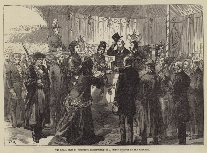 La visita reale a Coventry, presentazione di un bouquet di nastri dalla sindachessa da Sir John Charles Robinson
