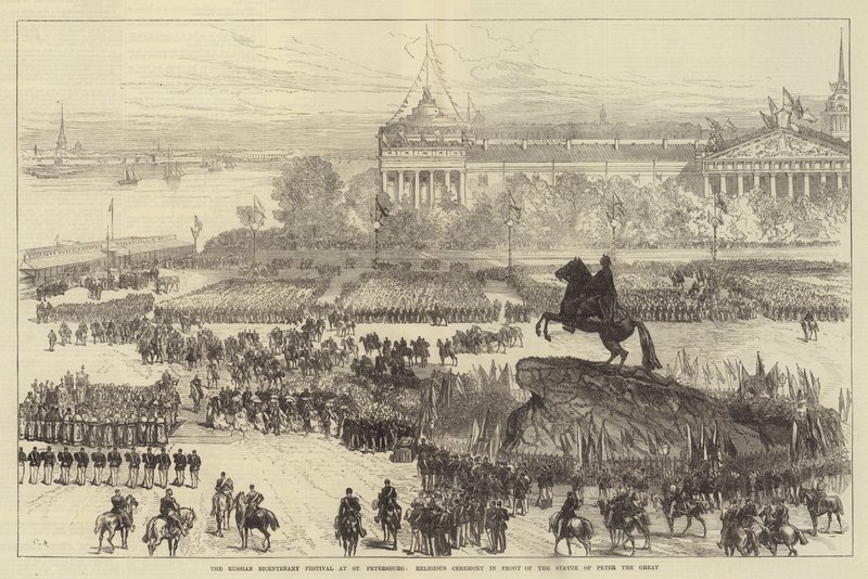 Festival bicentenario russo a San Pietroburgo, cerimonia religiosa davanti alla statua di Pietro il Grande da Sir John Charles Robinson