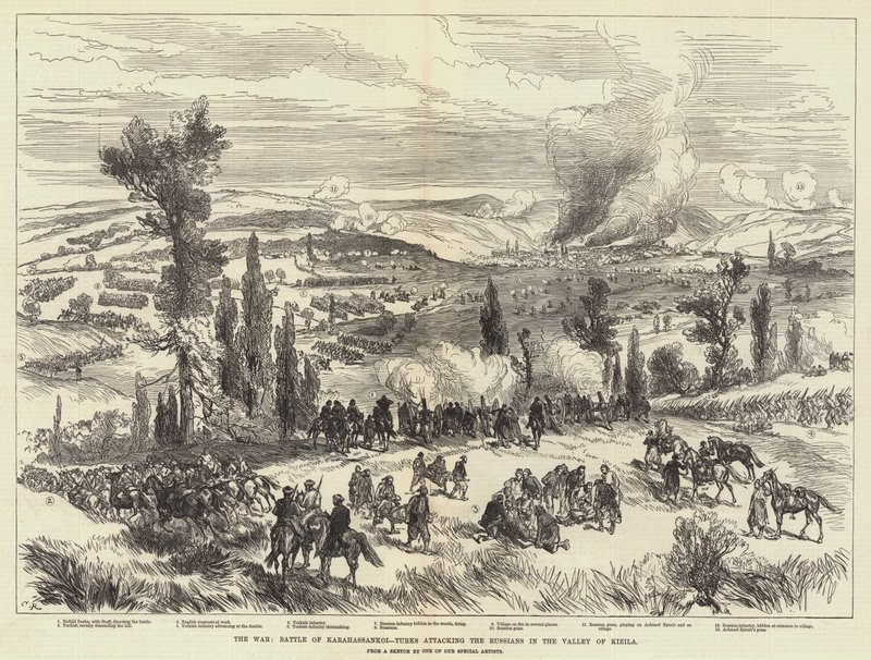 La guerra, battaglia di Karahassankoi, i turchi attaccano i russi nella valle di Kizila da Sir John Charles Robinson