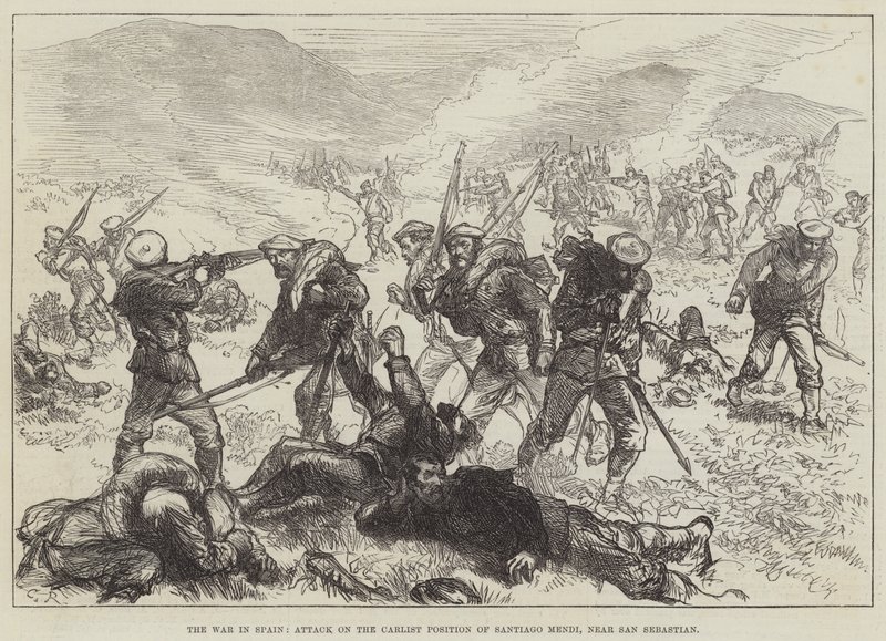 La guerra in Spagna, attacco alla posizione carlista di Santiago Mendi, vicino a San Sebastian da Sir John Charles Robinson
