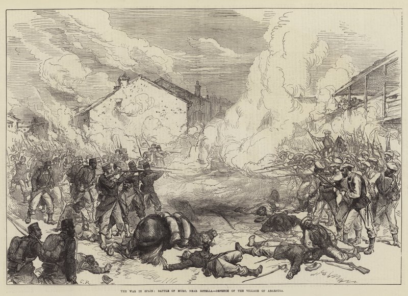 La guerra in Spagna, battaglia di Muro, vicino a Estella, difesa del villaggio di Abarzuza da Sir John Charles Robinson