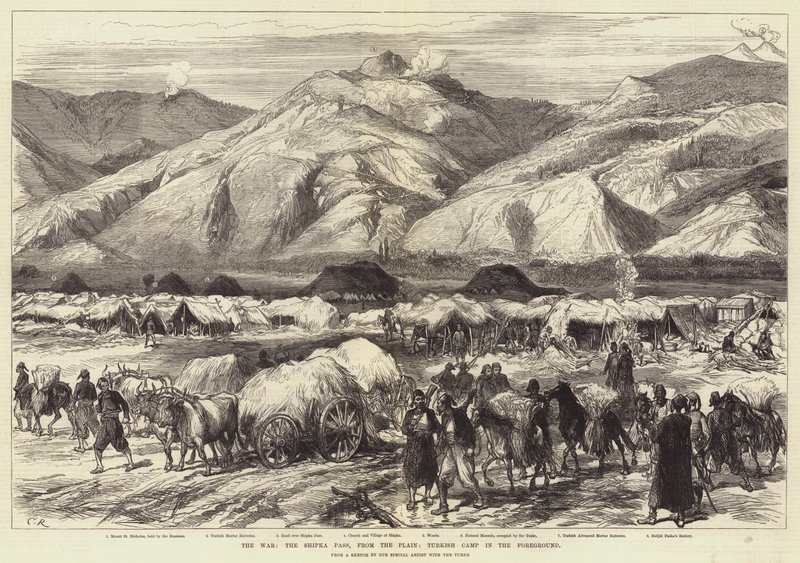 La guerra, il passo di Shipka, dalla pianura; campo turco in primo piano da Sir John Charles Robinson
