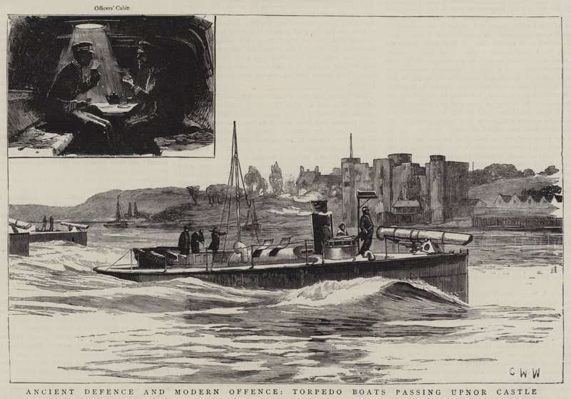 Difesa antica e offesa moderna, torpediniere che passano il castello di Upnor da Charles William Wyllie
