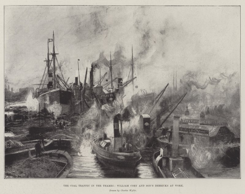 Il traffico del carbone sul Tamigi, i derrick di William Cory e Son al lavoro da Charles William Wyllie