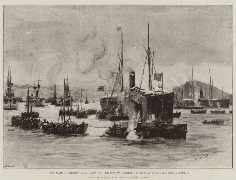 La guerra in Asia orientale, trasporti giapponesi che sbarcano truppe a Chemulpo, Corea, 9 settembre da Charles William Wyllie