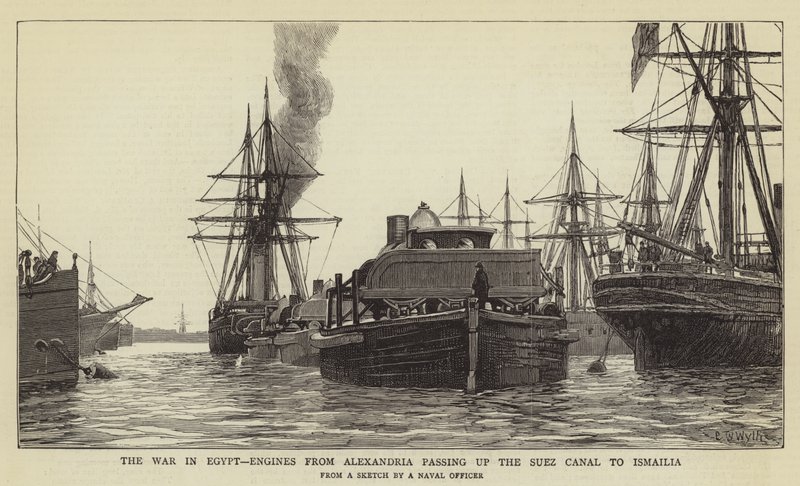 La guerra in Egitto, motori da Alessandria che passano attraverso il Canale di Suez verso Ismailia da Charles William Wyllie
