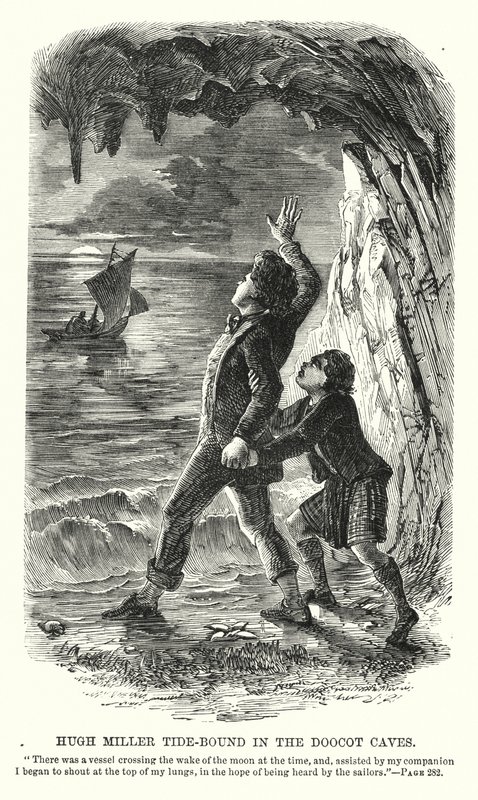 Hugh Miller bloccato dalla marea nelle Grotte Doocot (incisione) da Charles Altamont Doyle