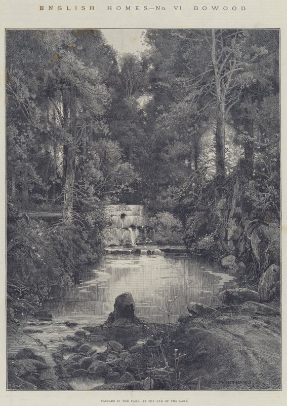 Case inglesi, Bowood, cascata nel parco, alla fine del lago da Charles Auguste Loye