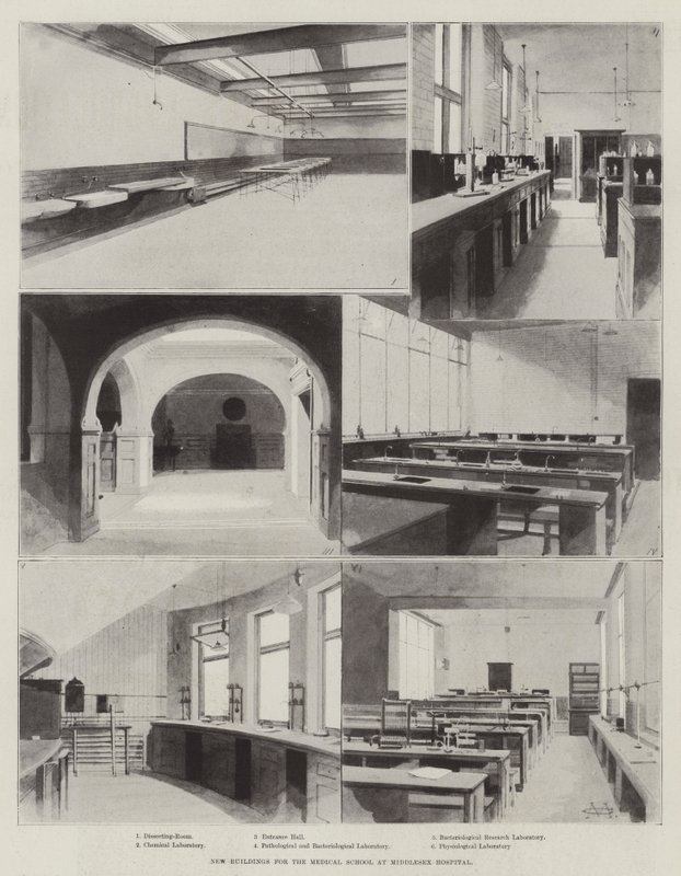 Nuovi edifici per la Scuola di Medicina al Middlesex Hospital da Charles Auguste Loye