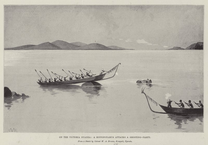 Sul Victoria Nyanza, un Ippopotamo attacca una Battuta di Caccia da Charles Auguste Loye