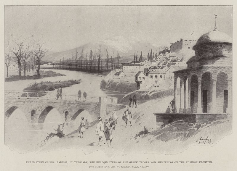 La crisi orientale, Larissa, in Tessaglia, il quartier generale delle truppe greche ora in raduno al confine turco da Charles Auguste Loye