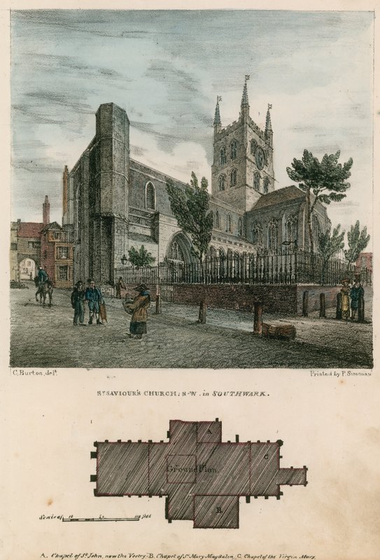 Chiesa di San Salvatore, Southwark, Surrey, vista nord-ovest da Charles Burton
