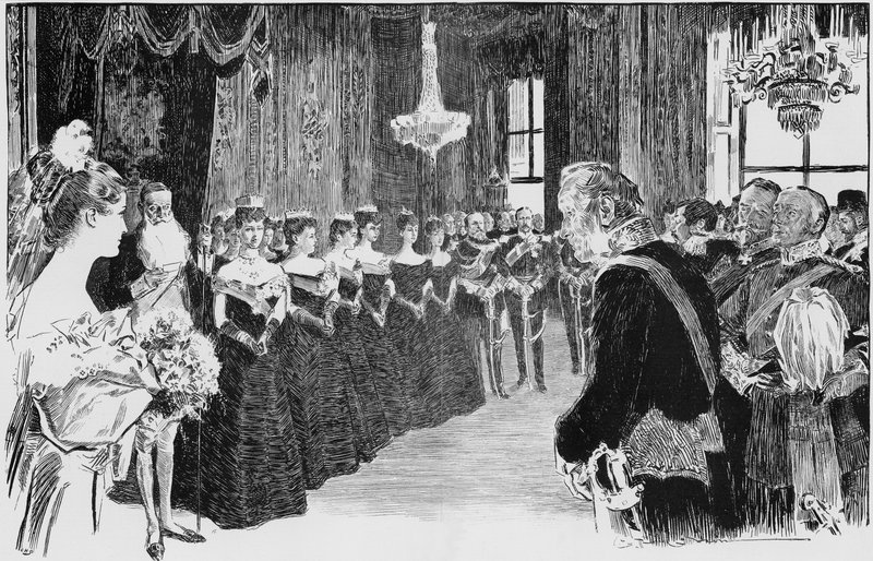 Il primo sguardo di una debuttante alla regalità, una scena alla Sala della Regina da Charles Dana Gibson