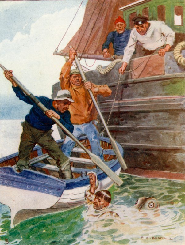 I due uomini nella barca iniziarono freneticamente a battere e scavare un oggetto ripugnante da Charles Edmund Brock