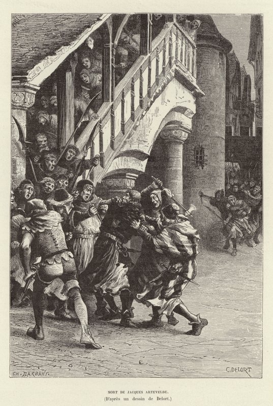 Morte di Jacques Artevelde. Morte del mercante fiammingo e leader politico Jacob van Artevelde per mano di una folla, Gand da Charles Edouard Delort