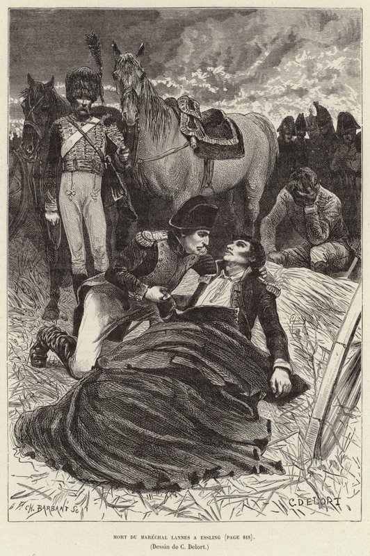 Morte del Maresciallo Lannes a Essling; Napoleone e il morente Maresciallo Lannes alla Battaglia di Aspern-Essling, Austria da Charles Edouard Delort