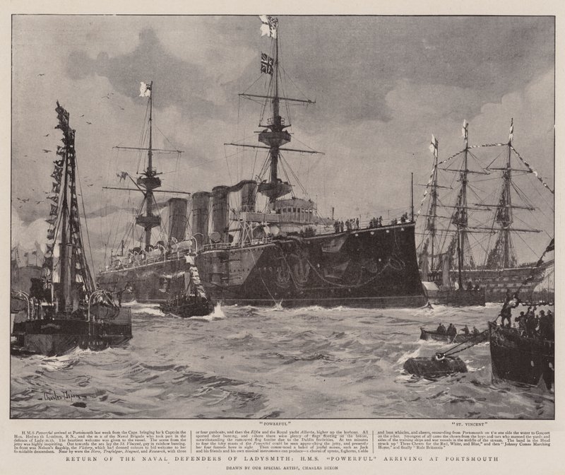 Ritorno dei Difensori Navali di Ladysmith, HMS Powerful in arrivo a Portsmouth da Charles Edward Dixon