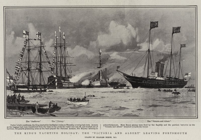 La vacanza in yacht del re, la Victoria e Albert che lascia Portsmouth da Charles Edward Dixon