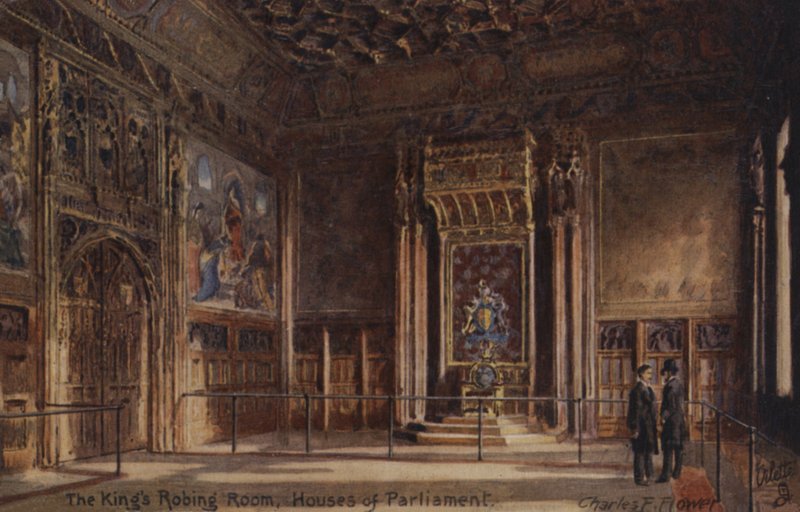 La Sala del Trono del Re, Parlamento (litografia a colori) da Charles Edwin Flower