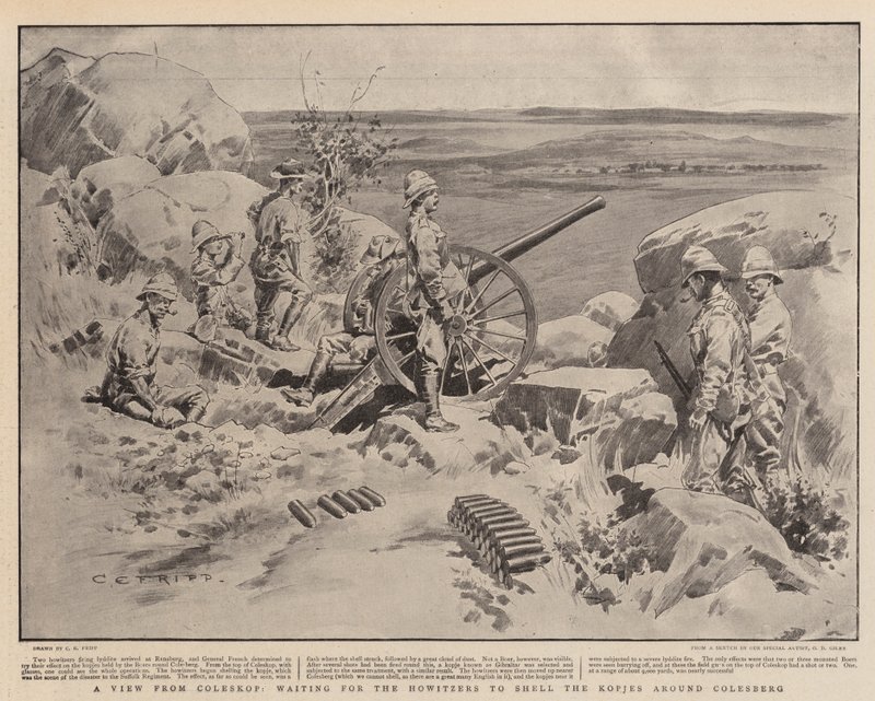 Una vista da Coleskop, in attesa che gli obici bombardino i Kopjes intorno a Colesberg da Charles Edwin Fripp
