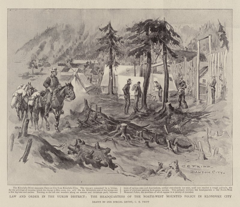 Legge e ordine nel distretto dello Yukon, il quartier generale della North-West Mounted Police a Klondyke City da Charles Edwin Fripp