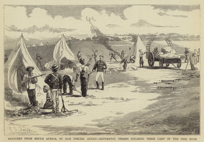 Schizzi dal Sudafrica, truppe ottentotte che montano il loro campo nel Peri Bush da Charles Edwin Fripp