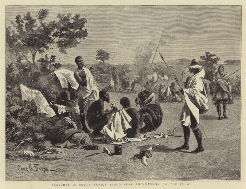 Schizzi in Sudafrica, accampamento Fingo Levy nel Veldt da Charles Edwin Fripp