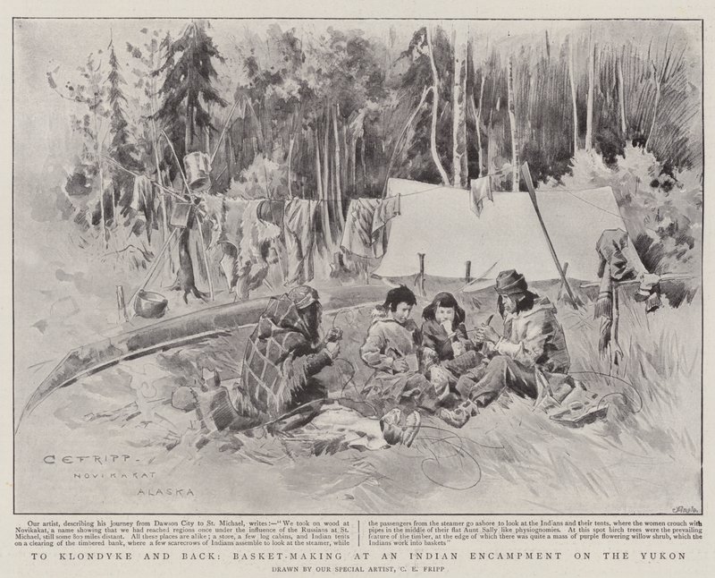 Verso Klondyke e ritorno, fabbricazione di cesti in un accampamento indiano sullo Yukon da Charles Edwin Fripp