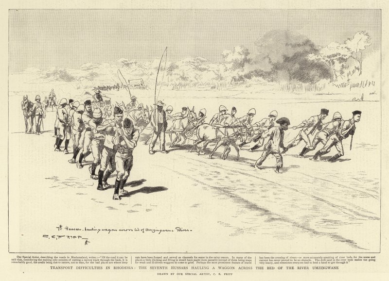 Difficoltà di trasporto in Rhodesia, i Settimi Ussari che trascinano un carro attraverso il letto del fiume Umzingwane da Charles Edwin Fripp