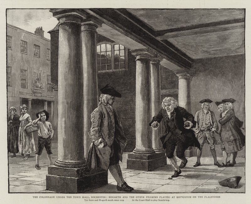 Il colonnato sotto il Municipio, Rochester, Hogarth e gli altri pellegrini che giocano a campana sui lastroni da Charles Green