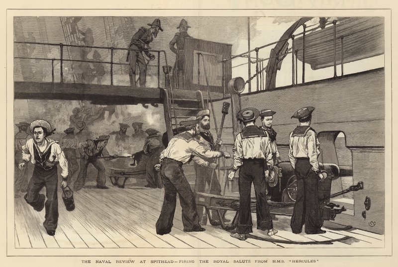 La revisione navale a Spithead, sparando il saluto reale dalla HMS Hercules da Charles Green