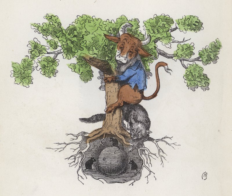 Mucca su un albero sopra un gatto che caccia topi che mangiano formaggio da Charles Henry (after) Bennett