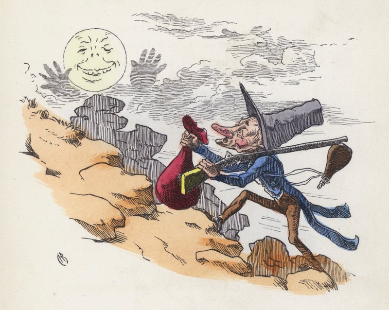 Uomo che sale una collina per sparare alla Luna (incisione colorata) da Charles Henry (after) Bennett