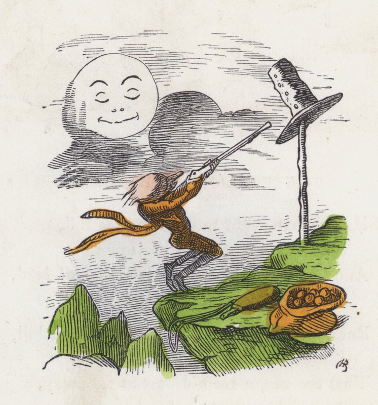 Uomo che spara al suo cappello per frustrazione di non riuscire a colpire la Luna (incisione colorata) da Charles Henry (after) Bennett