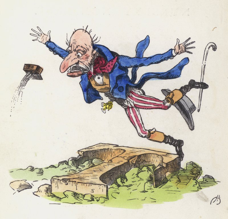 Vecchio che inciampa su una roccia a forma di lettera T (incisione colorata) da Charles Henry (after) Bennett