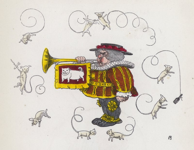 Banditore che suona una tromba, circondato da cani con la coda riccia (incisione colorata) da Charles Henry (after) Bennett