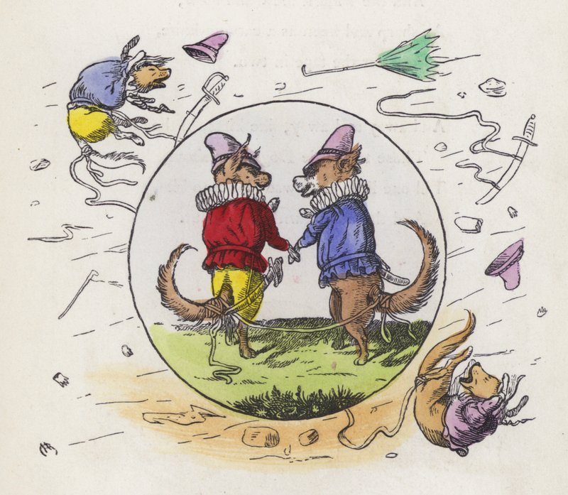 Due cani in costume Tudor a passeggio in una giornata ventosa con le code legate insieme per evitare che vengano spazzati via (incisione colorata) da Charles Henry (after) Bennett